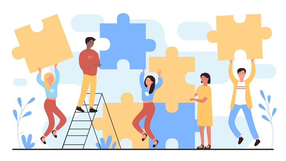 People connect puzzles flat vector illustration. Cartoon happy man woman young team of characters connecting puzzle pieces together. Teamwork building, successful partnership concept isolated on white.