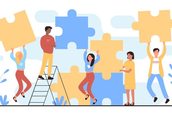 People connect puzzles flat vector illustration. Cartoon happy man woman young team of characters connecting puzzle pieces together. Teamwork building, successful partnership concept isolated on white.